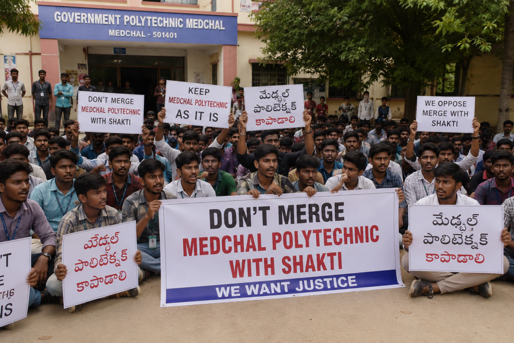 మేడ్చల్ పాలిటెక్నిక్‌ను ‘శక్తి’లో కలపొద్దు.. విద్యార్థుల భారీ ధర్నా.